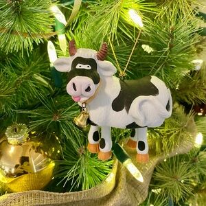 Festive Ceramic Cow Ornament with Bell, Made in Taiwan